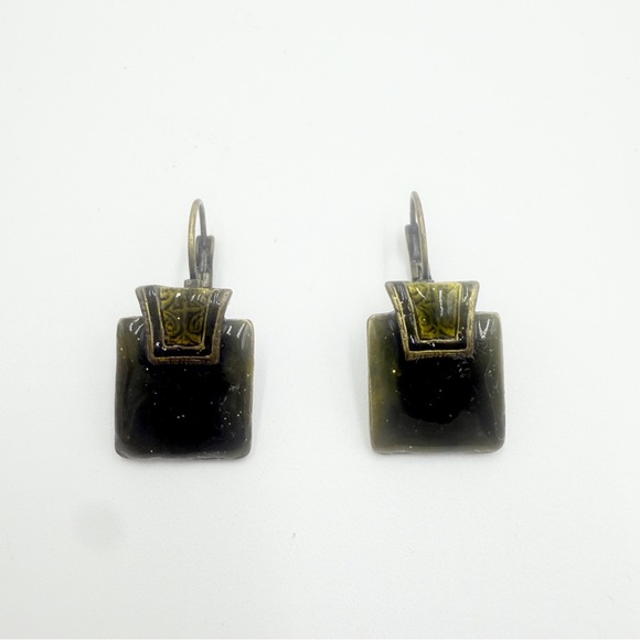 Vintage Modernist Olive Green Enamel Dangle Earrings – Geometric Bronze Tone - Picture 3 of 7